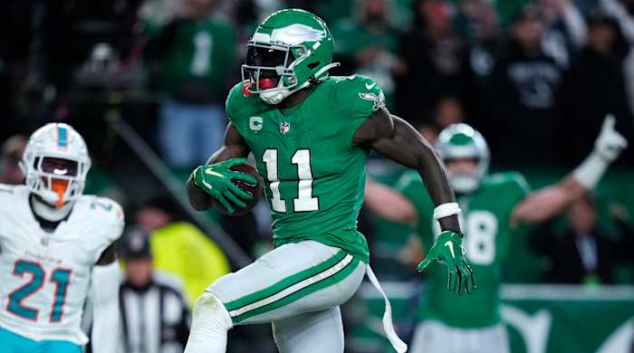 Eagles wide receiver A.J. Brown runs into the end zone